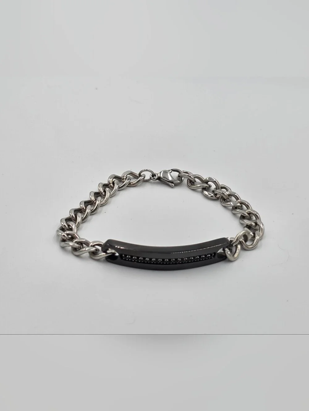 Enforce Stainless‎ Steel Chain Bracelet with Black Bar and Accent Stones Men's